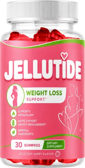 A single clear Jellutide bottle of red gummies with a raspberry-pink label and white cap