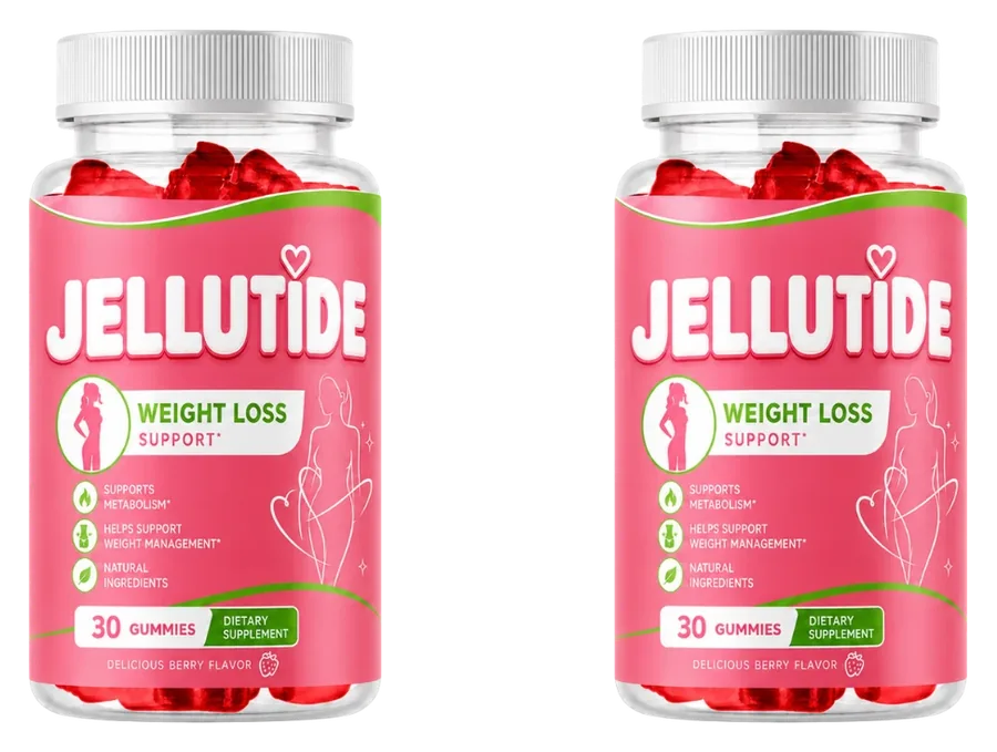 2 Jellutide bottles of red berry gummies with raspberry-pink labels