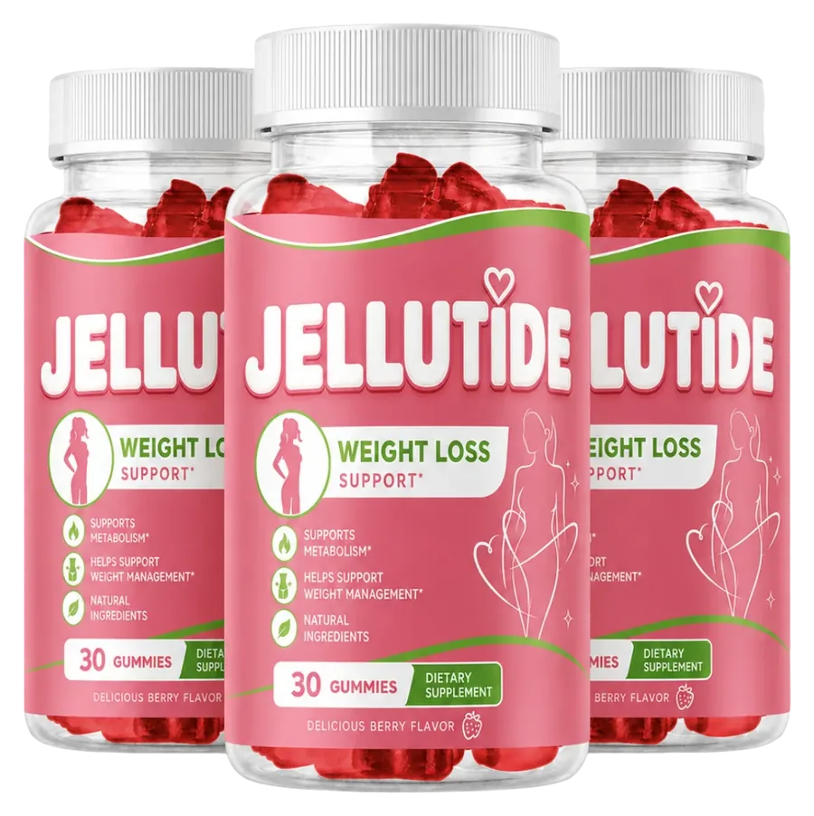 3 Jellutide bottles of red berry gummies with raspberry-pink labels