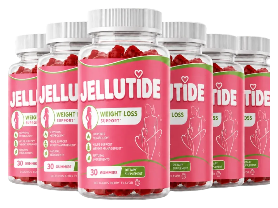 6 Jellutide bottles of red berry gummies with raspberry-pink labels