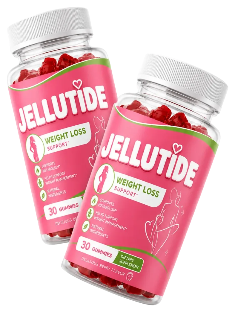 Two tilted Jellutide bottles full of round red berry gummies with raspberry-pink labels and green swooshes