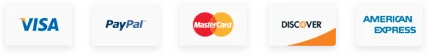 Payment logos: Visa, PayPal, Mastercard, Discover and American Express